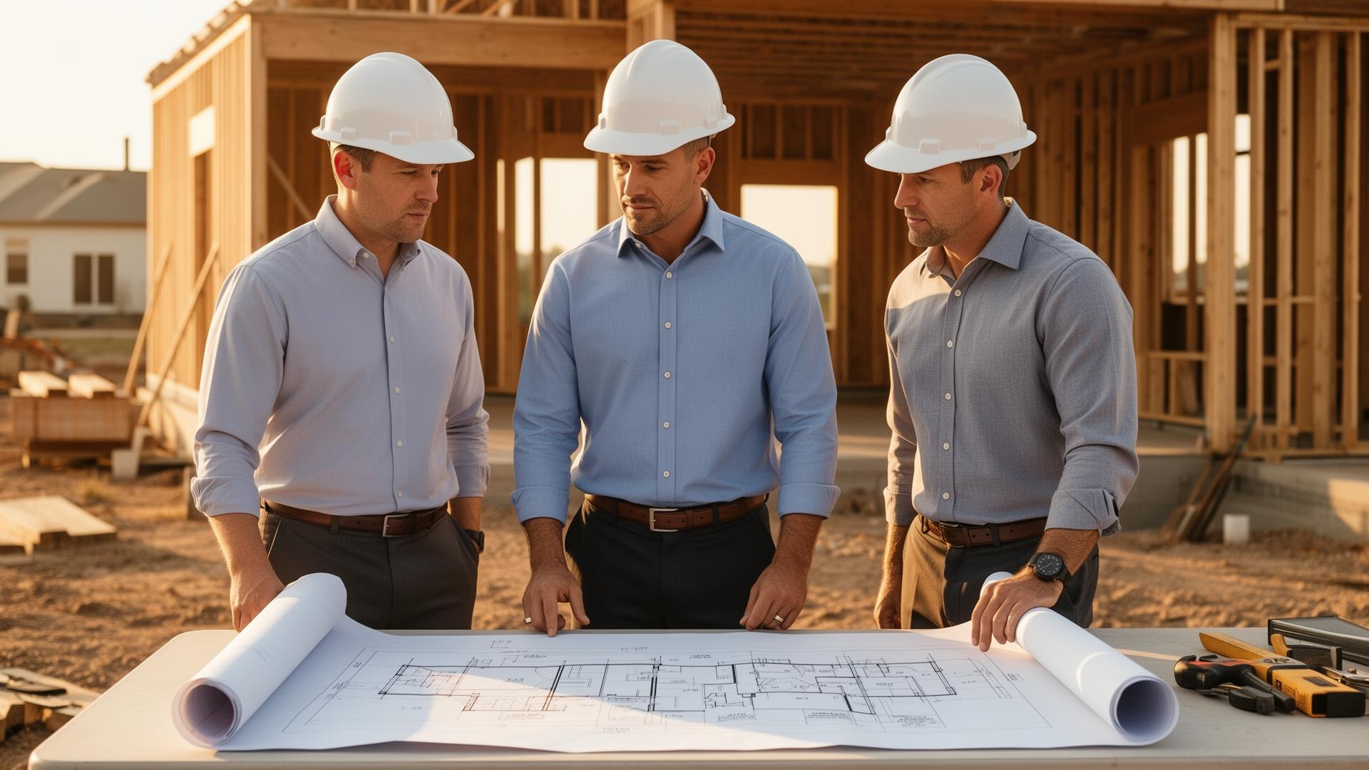 Three builders in hard hats and business casual attire reviewing a blueprint on a construction site