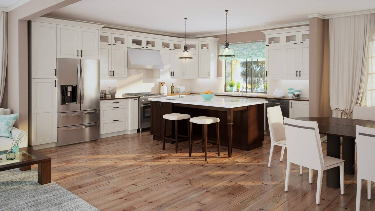 Framed shaker-style wood kitchen cabinets