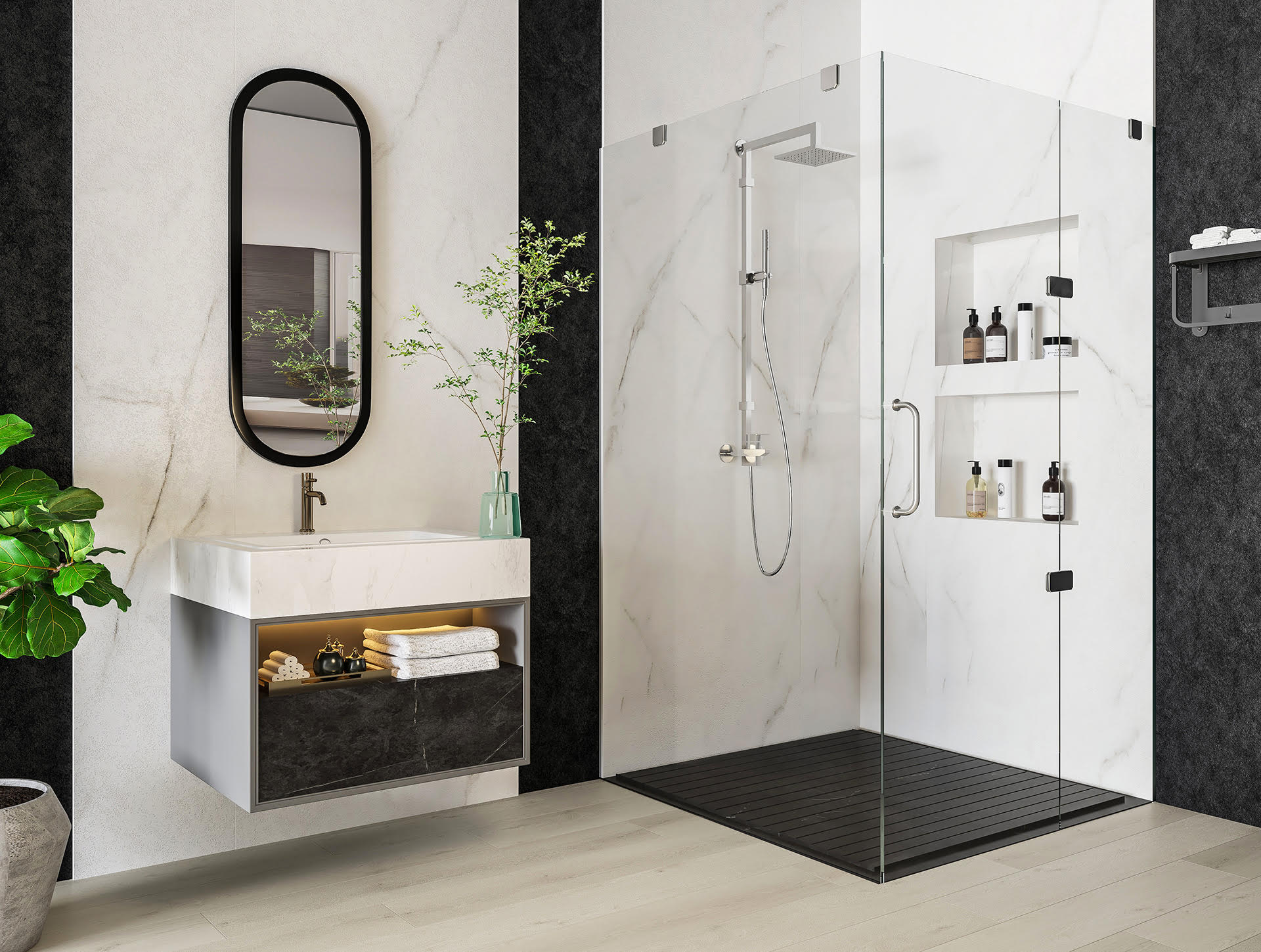 Modern bathroom with marble-look SPC wall panels in shower