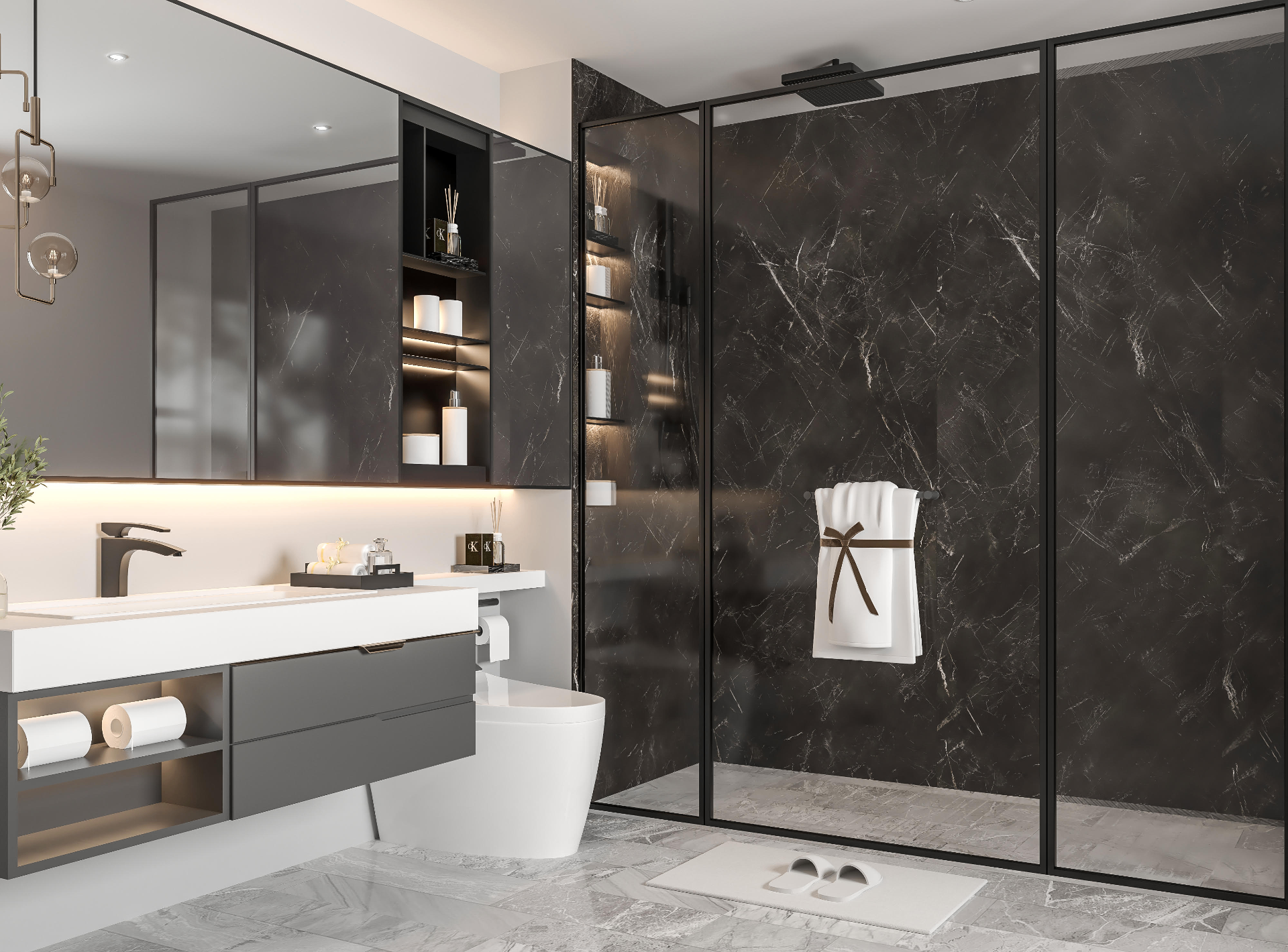 Contemporary bathroom featuring dark marble SPC wall panels